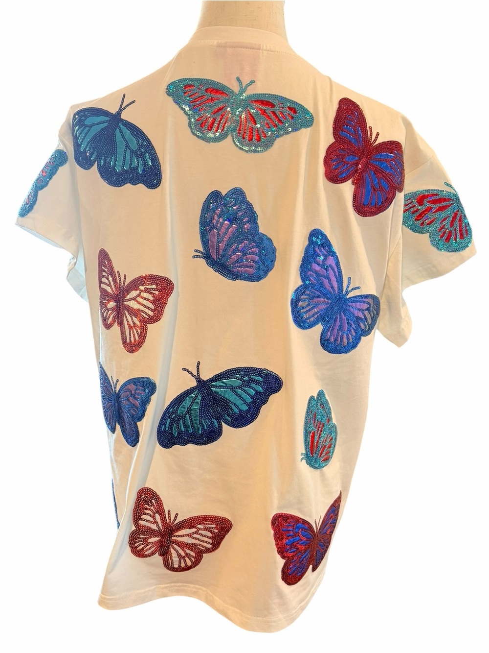 Queen of Sparkles Butterfly Sequin Tee White Multicolor Graphic Top Sz S - Picture 3 of 12